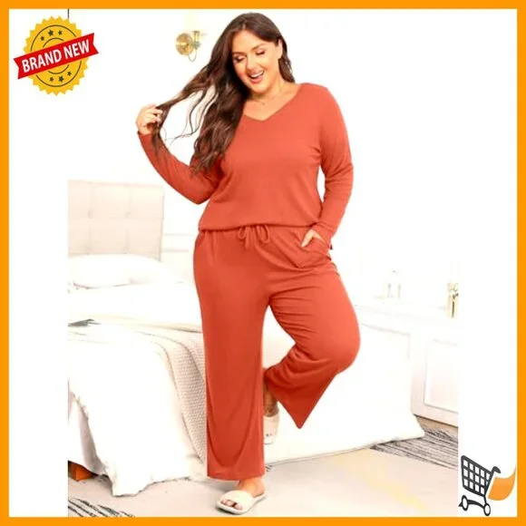 Plus Size Knit Lounge Set Long Sleeve V Neck Top Wide Leg Pants with Pockets
